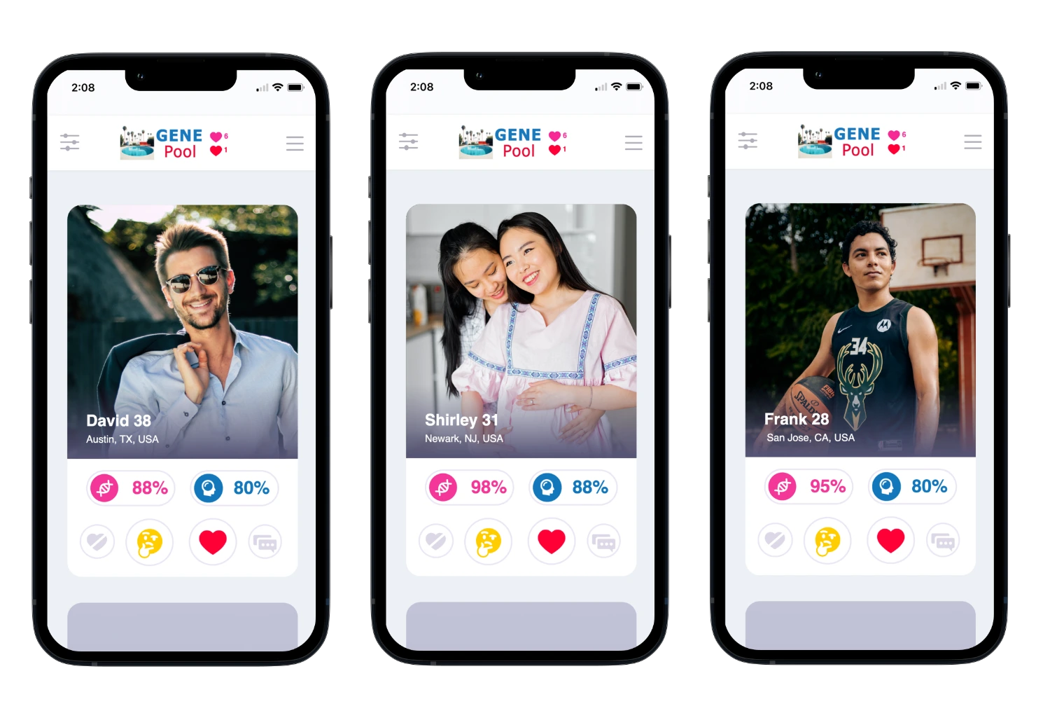 Gene Pool app screenshots showing donor, recipient, and co-parent profile cards with genetic and personality compatibility percentages